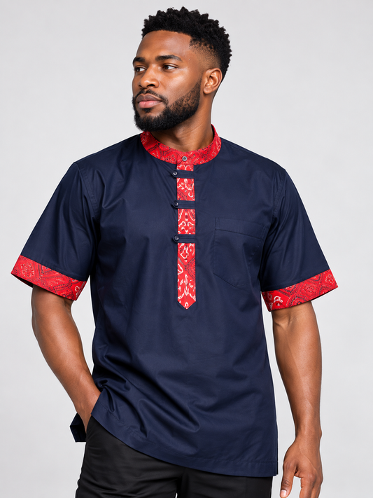 Navy & Red African Print Trim Men's Shirt