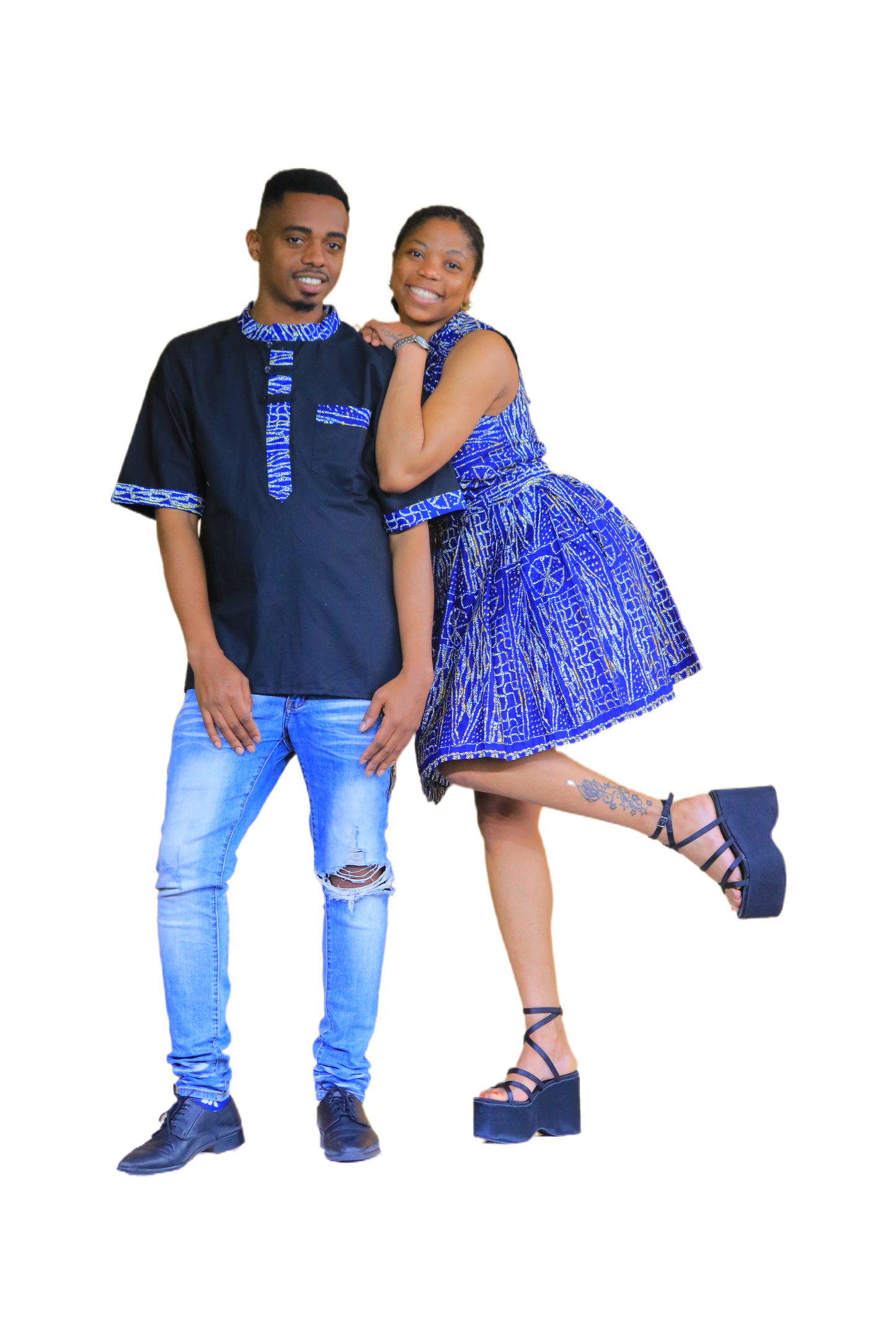 Bambino Sleeveless Short Dress & Men’s 3-Button Shweshwe Shirt Set