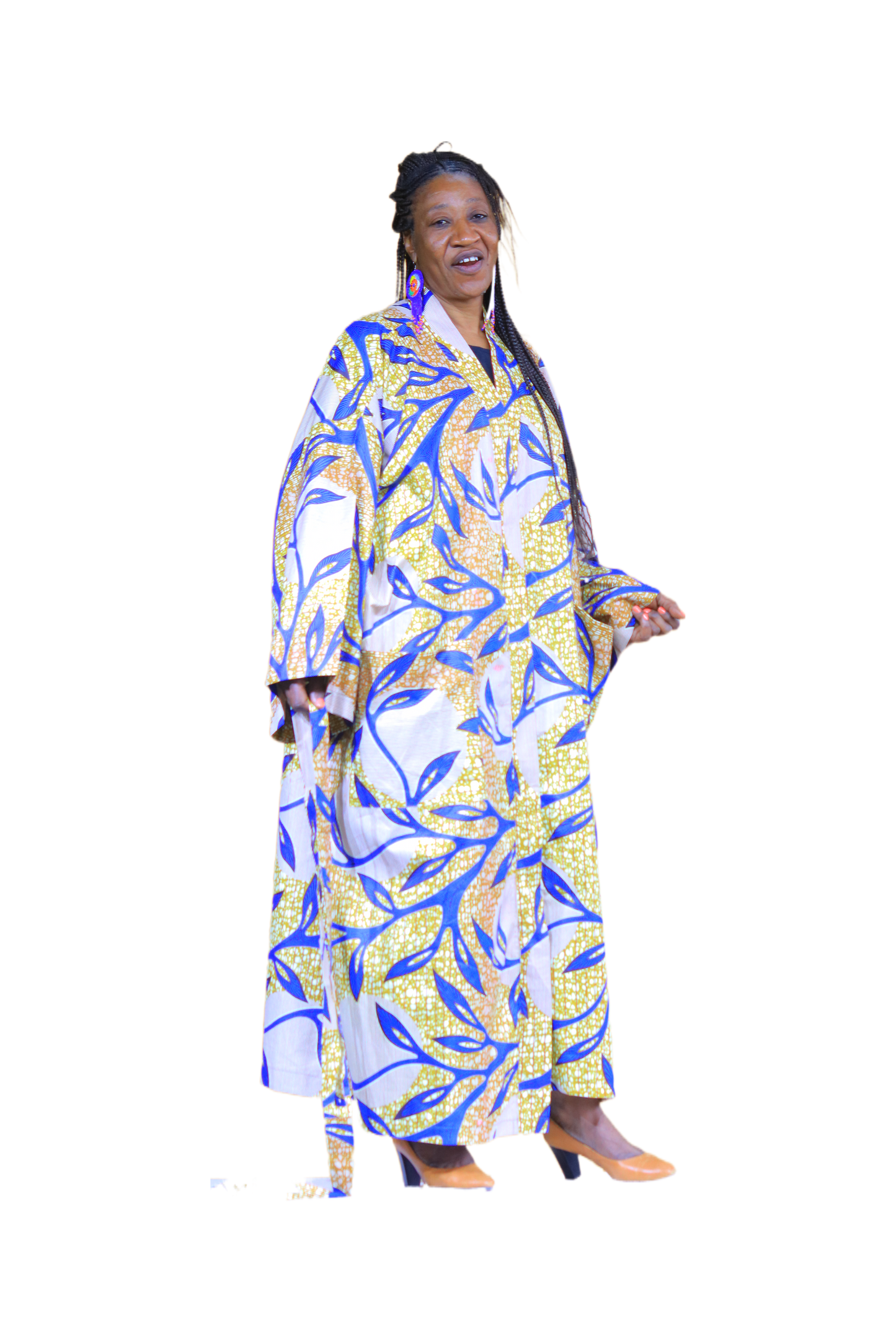 Blue & Mustard Leaf Print Kimono