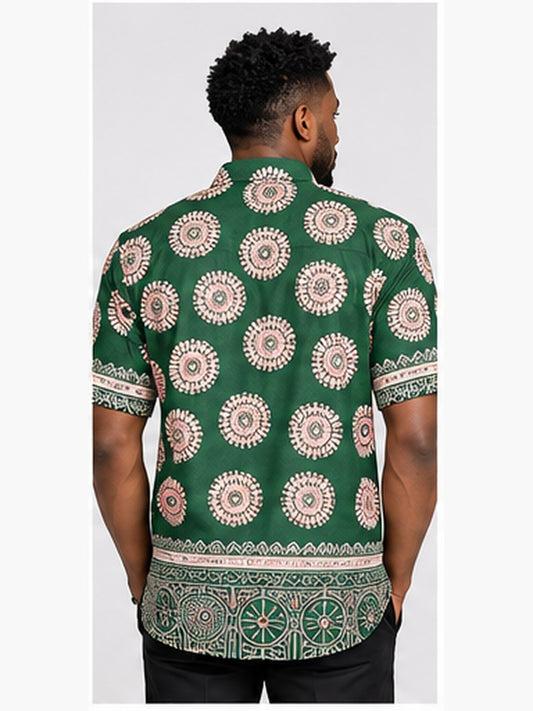Green circle African print men's shirt studio back