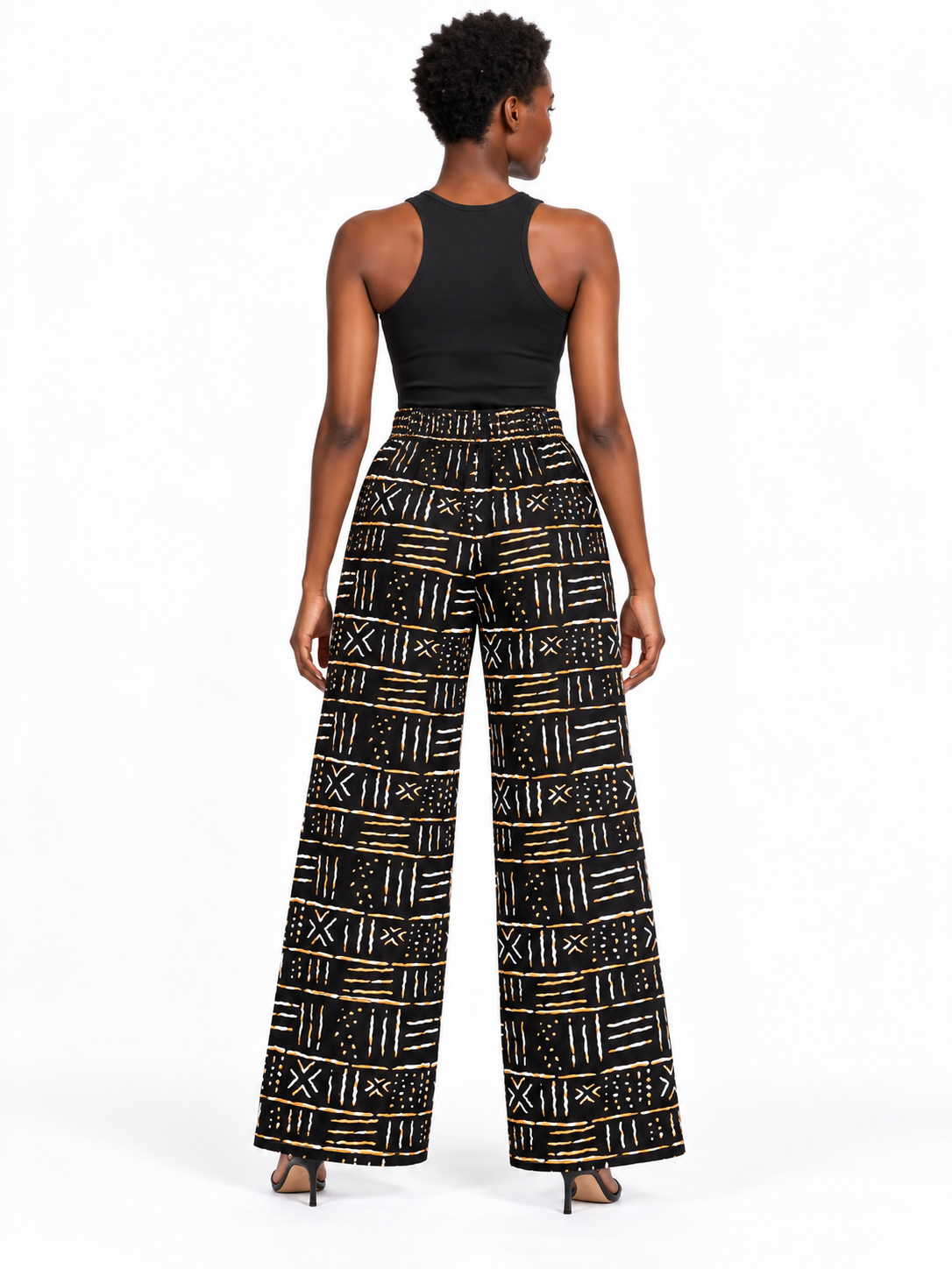 Black Ochre African Print Wide-Leg Trousers — back view