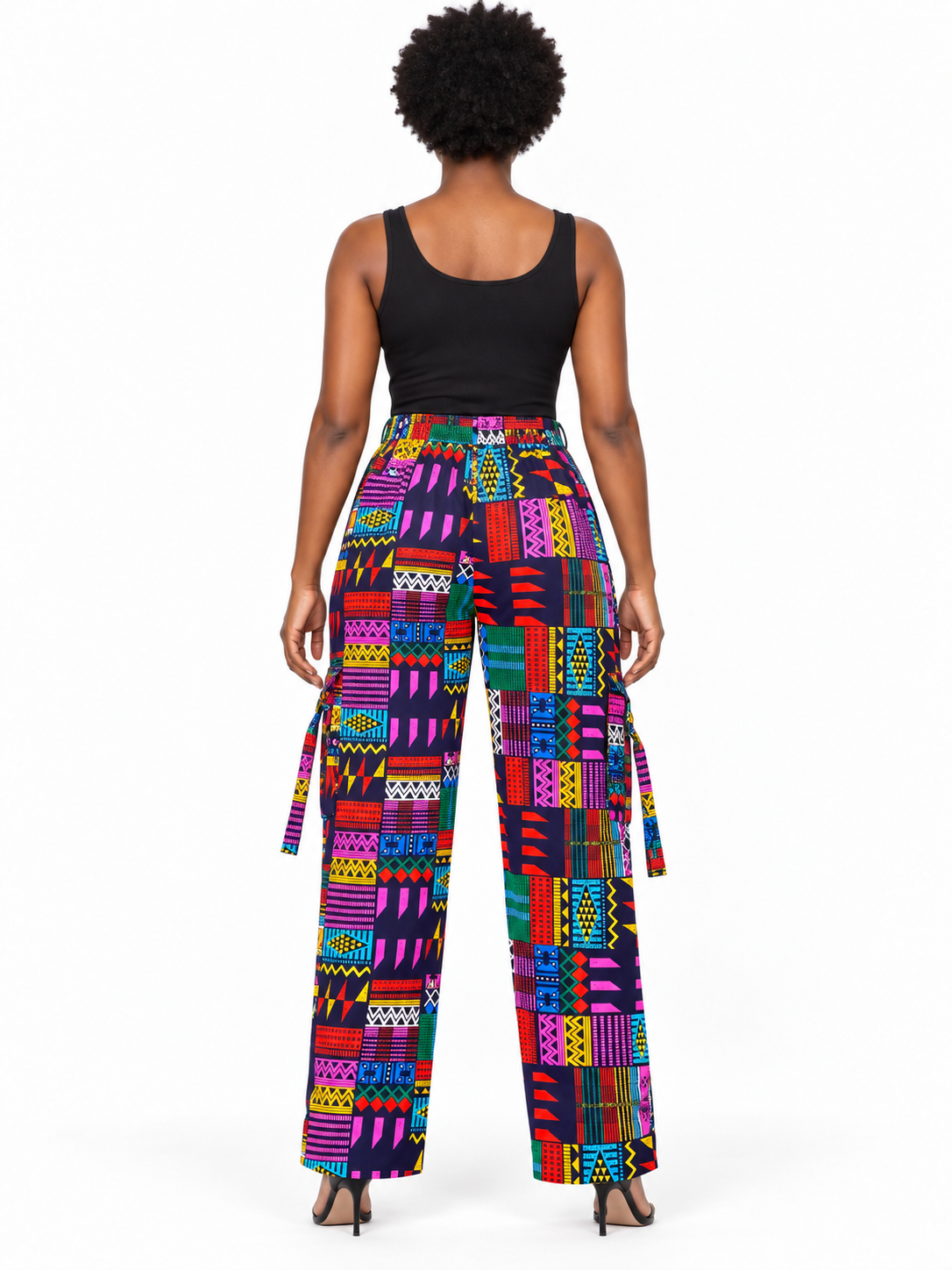 Multicolour Geometric African Print Cargo Trousers — back view