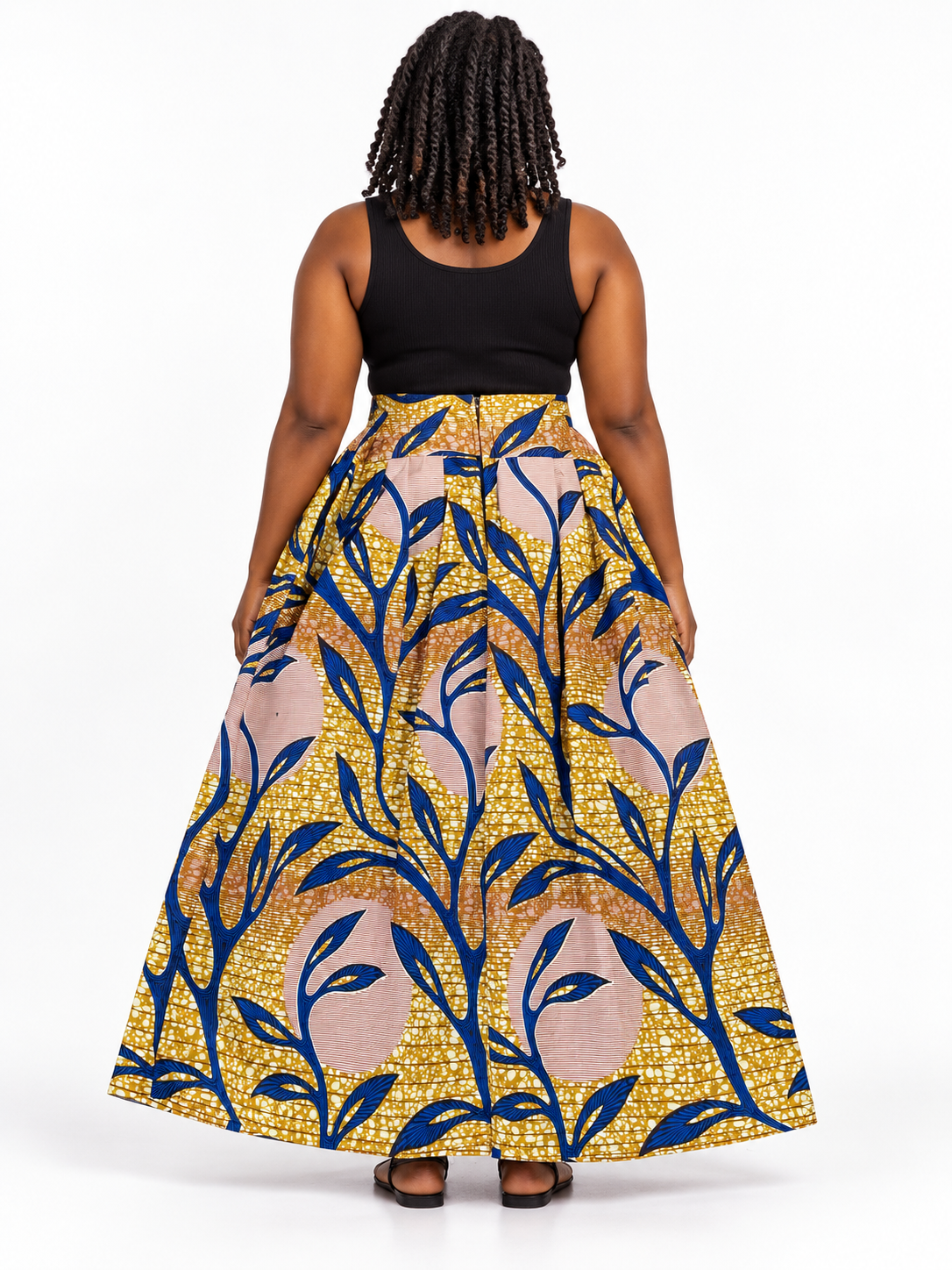 Mustard Blue Leaf African Print Maxi Skirt — back view