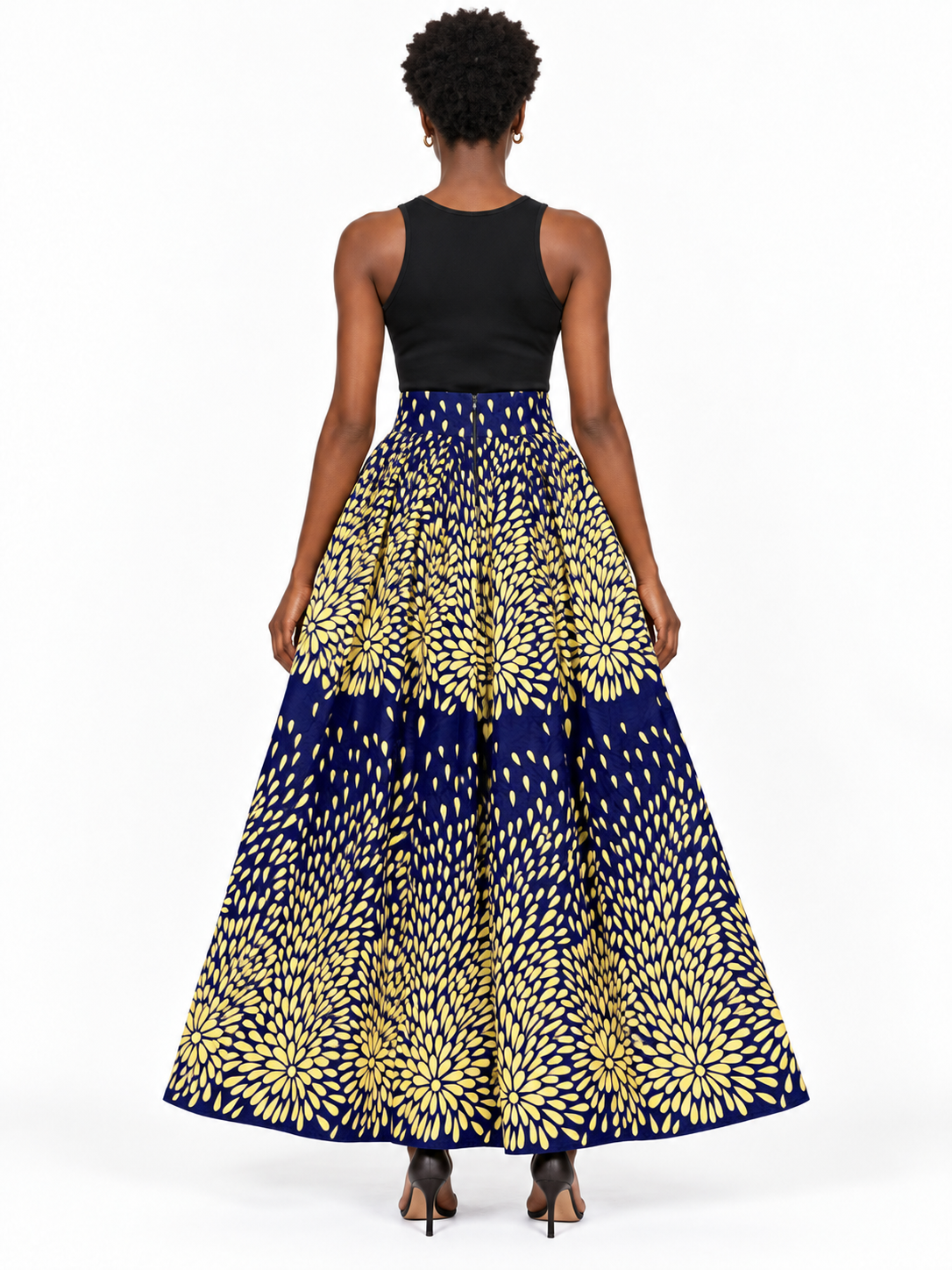 Navy Yellow Floral African Print Maxi Skirt — back view