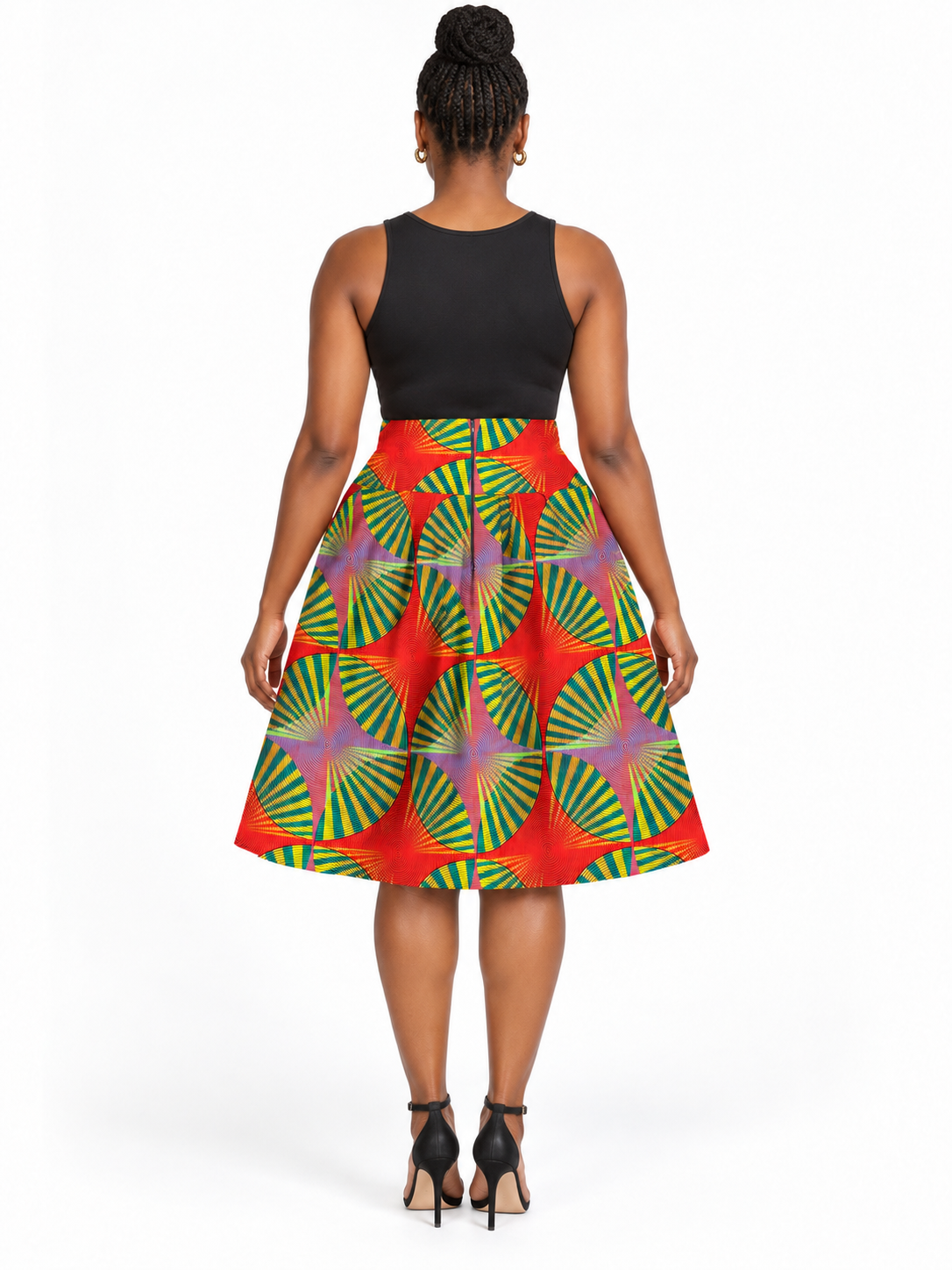Red Pinwheel African Print Flared Skirt — back view