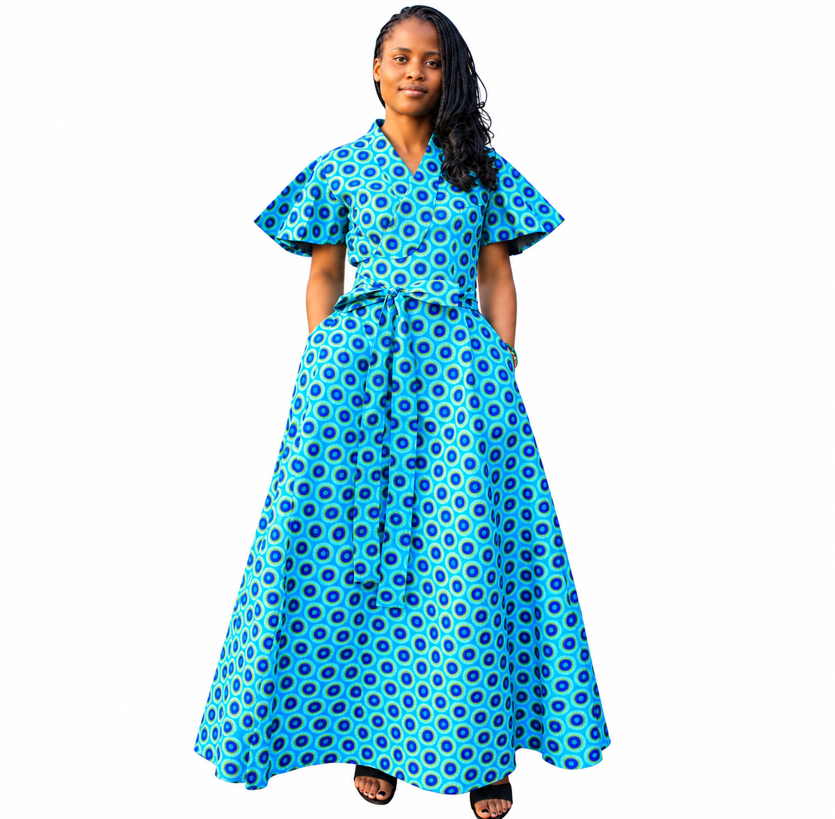 Turquoise Shweshwe Long Wrap Dress