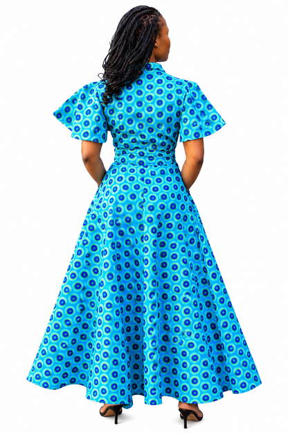 Turquoise Shweshwe Long Wrap Dress