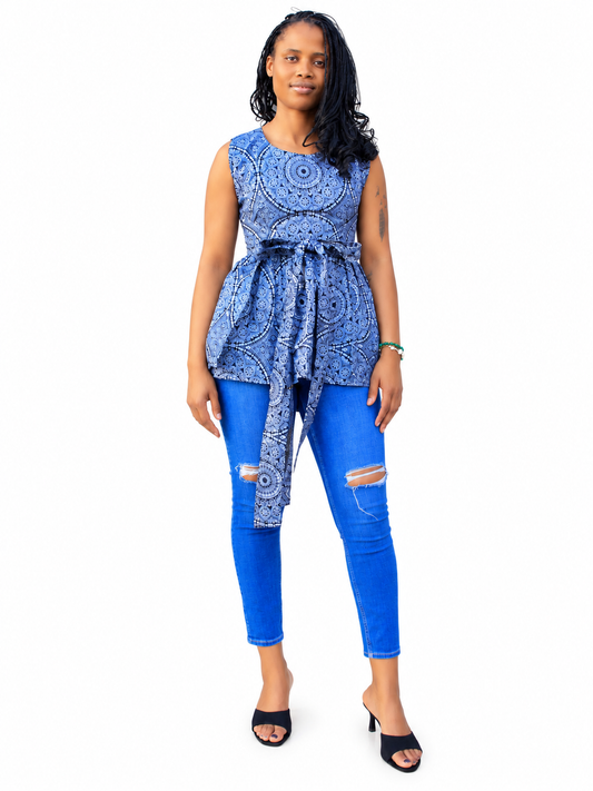 Sleeveless Women Wrap Top – Blue African Print