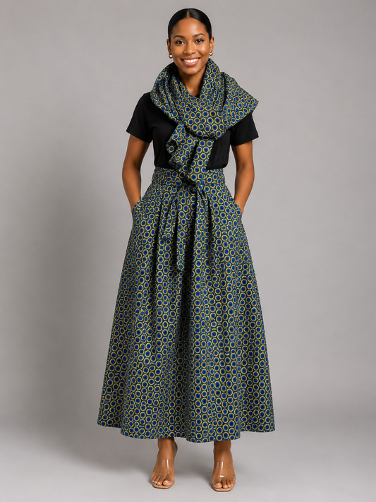 Full-Length Ankara Skirt & Statement Scarf Set