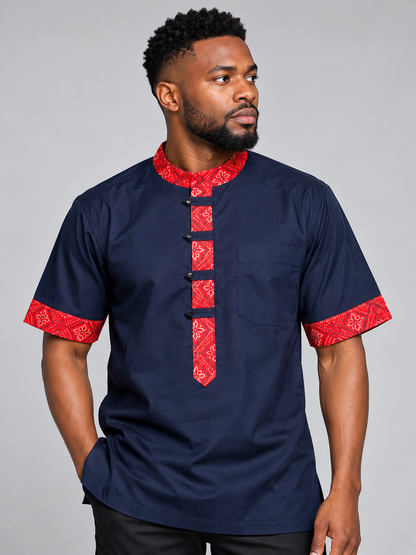 Navy & Red African Print Trim Men's Shirt
