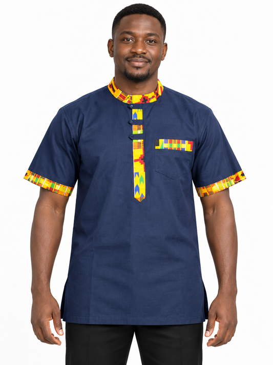 Navy Kente Panel Men's Shirt