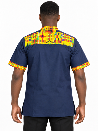 Navy Kente Panel Men's Shirt