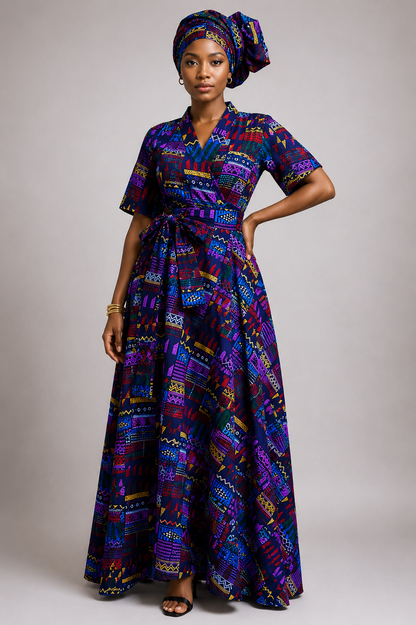 Kente Print Wrap Dress & Headwrap Set