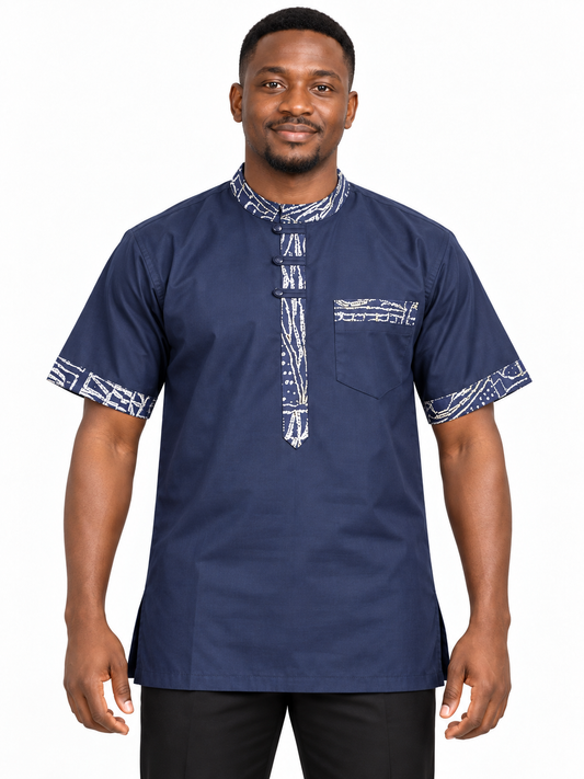 Navy White Mudcloth Print Men's Shirt