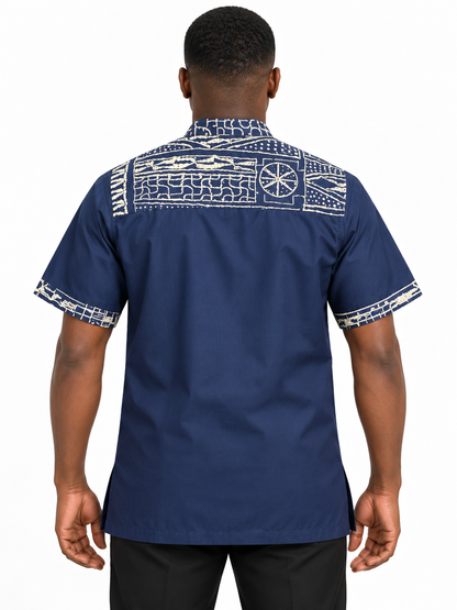 Navy White Mudcloth Print Men's Shirt