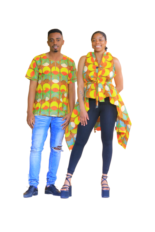 Bambino Ladies Square Dashiki Top & Men's V-Neck Shirt set