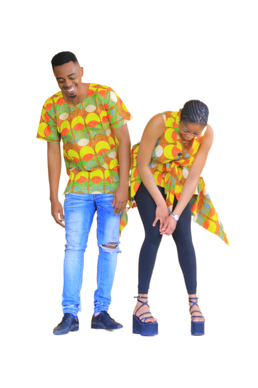 Bambino Ladies Square Dashiki Top & Men's V-Neck Shirt set