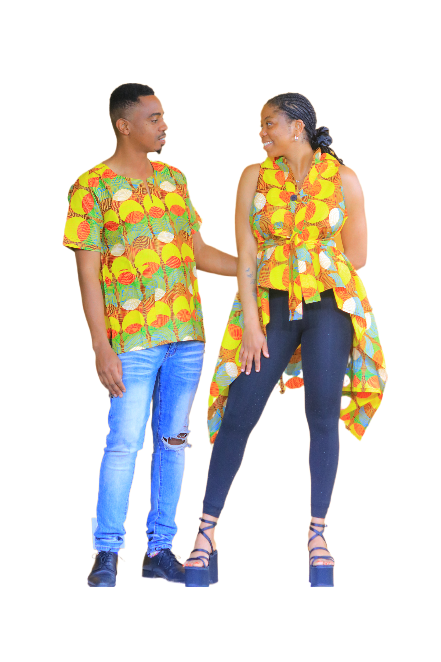 Bambino Ladies Square Dashiki Top & Men's V-Neck Shirt set