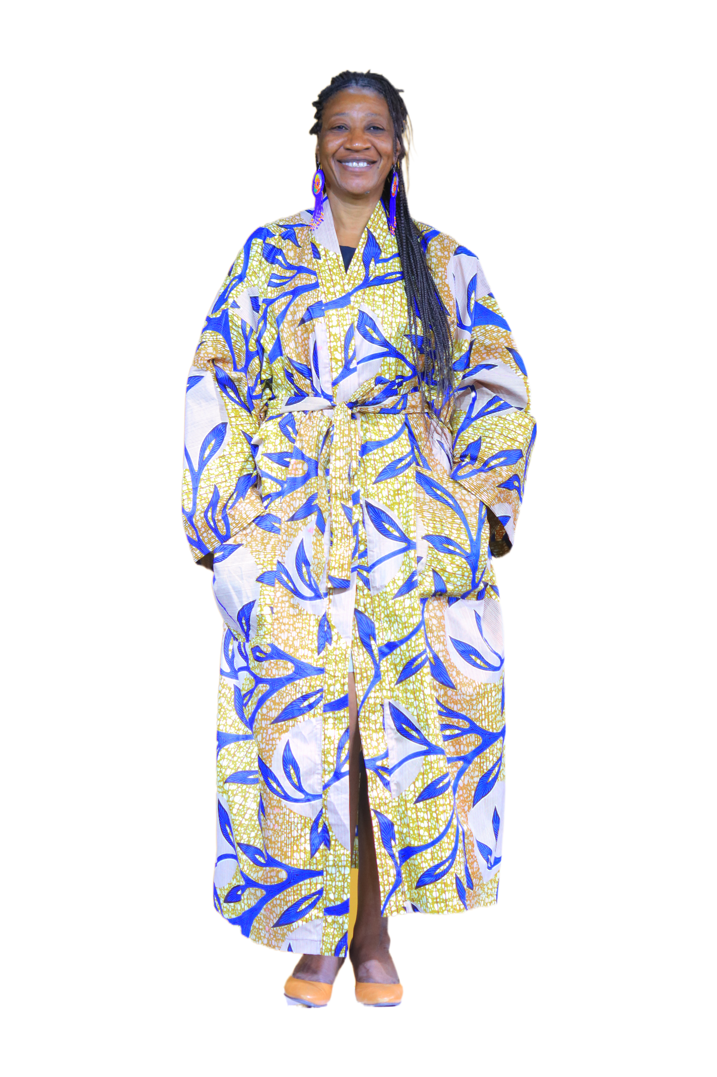 Blue & Mustard Leaf Print Kimono