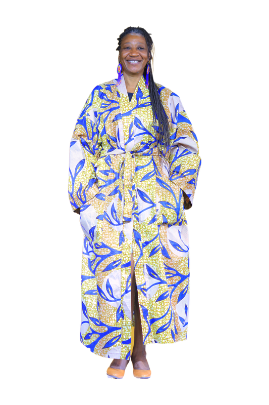 Blue & Mustard Leaf Print Kimono