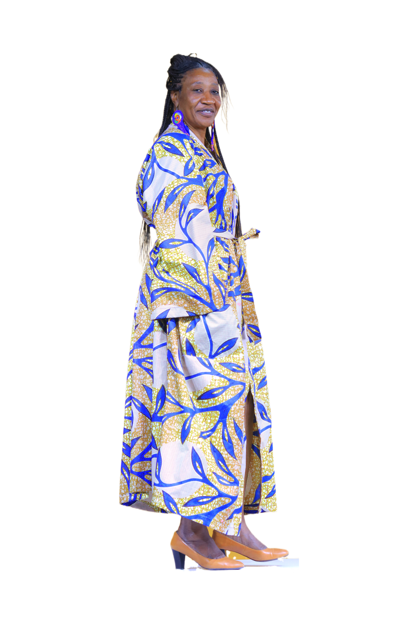 Blue & Mustard Leaf Print Kimono