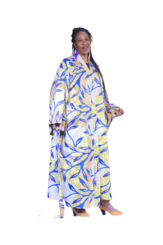 Blue & Mustard Leaf Print Kimono