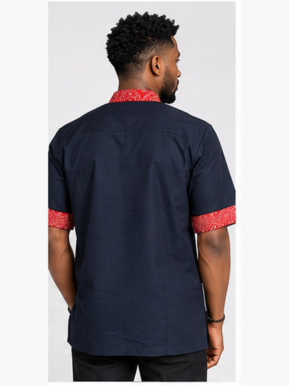 Navy and red African print men's shirt studio back