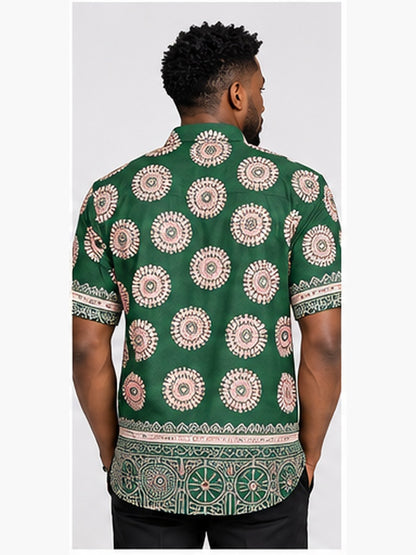 Green circle African print men's shirt studio back