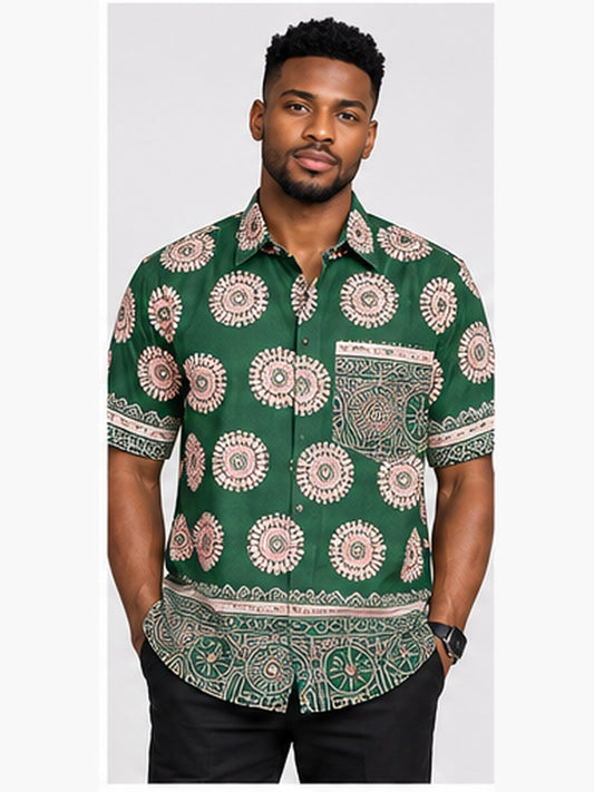 Green circle African print men's shirt studio front
