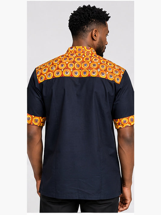 Navy and orange African print men's shirt studio back