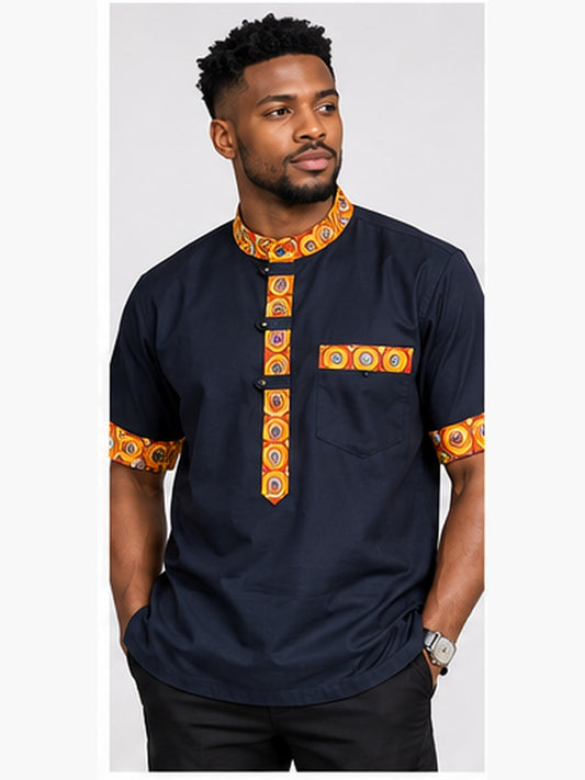 Navy and orange African print men's shirt studio front
