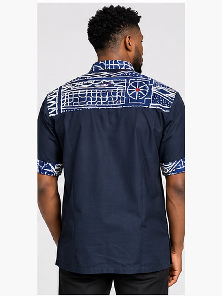 Navy and blue African print men's shirt studio back