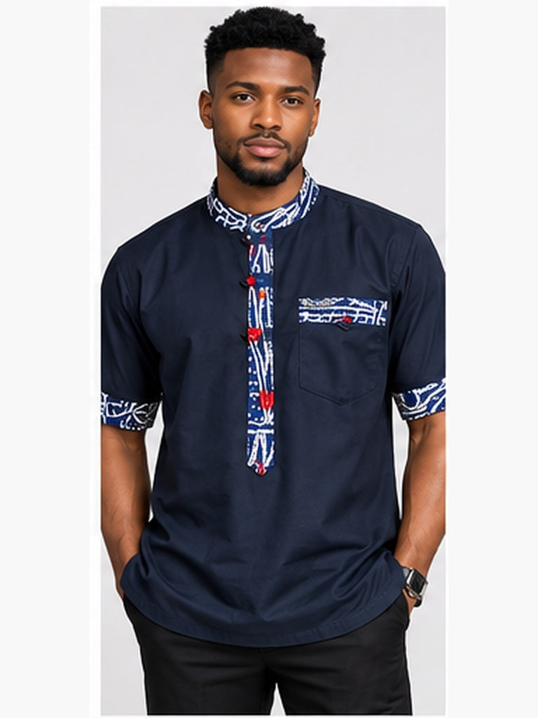 Navy and blue African print men's shirt studio front