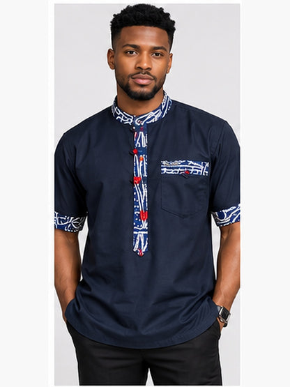Navy and blue African print men's shirt studio front