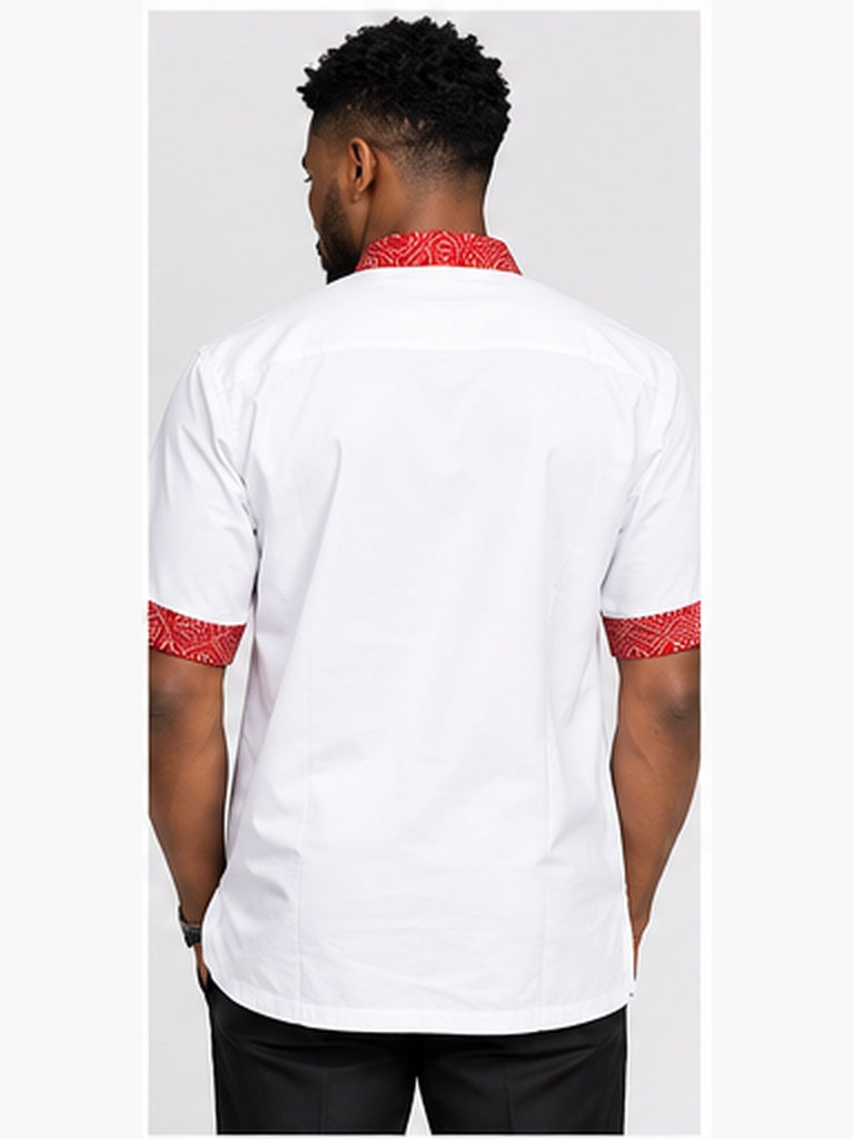 White and red African print men's shirt studio back
