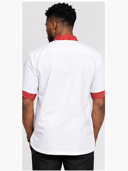 White and red African print men's shirt studio back