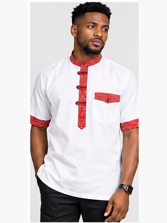 White and red African print men's shirt studio front