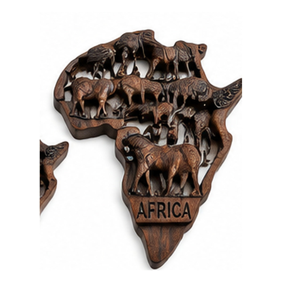 Large wooden Africa wildlife wall decor on white studio background