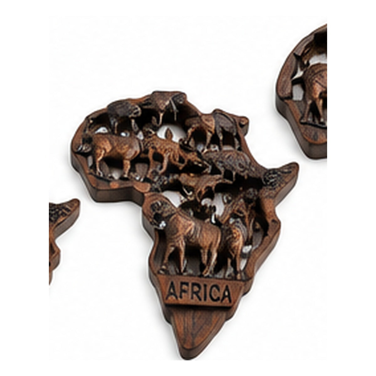 Medium wooden Africa wildlife wall decor on white studio background