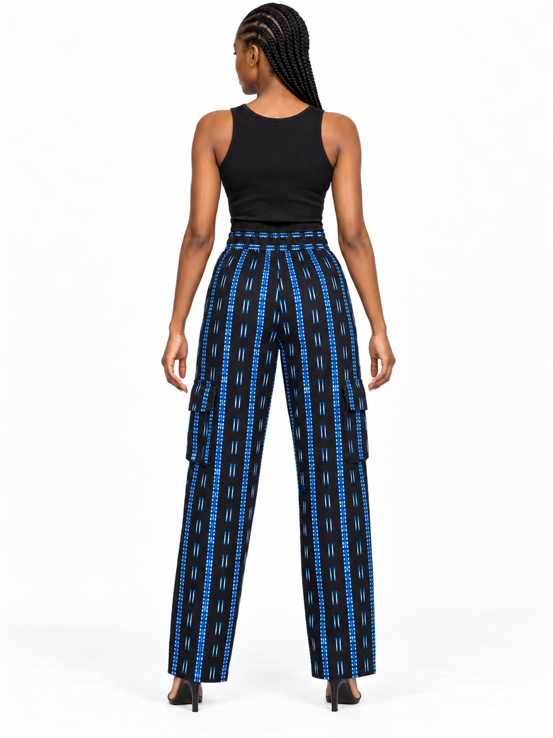Black Blue Stripe African Print Cargo Trousers — back view