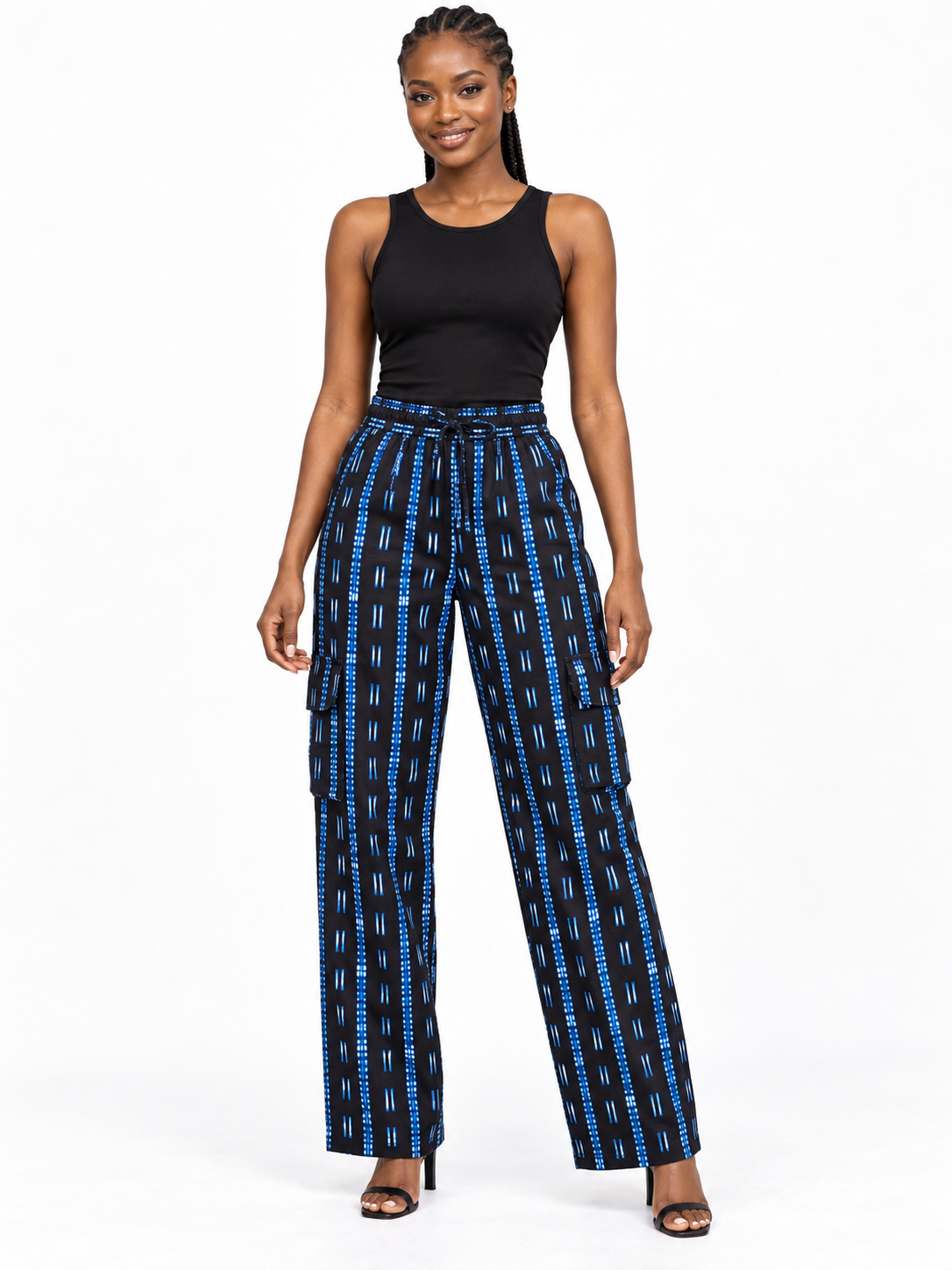 Black Blue Stripe African Print Cargo Trousers — front view
