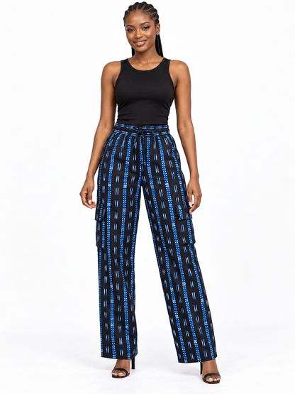 Black Blue Stripe African Print Cargo Trousers — front view