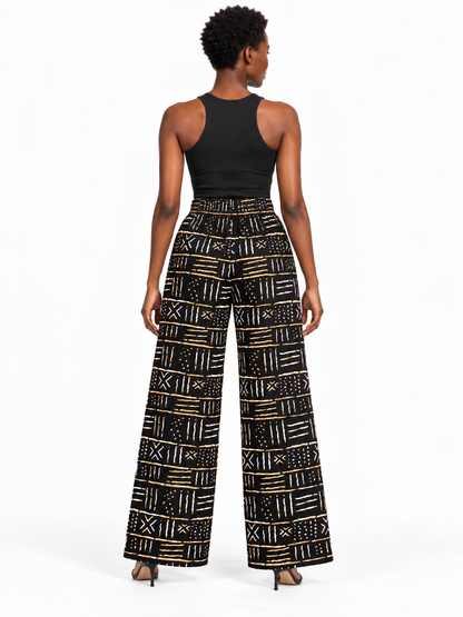 Black Ochre African Print Wide-Leg Trousers — back view