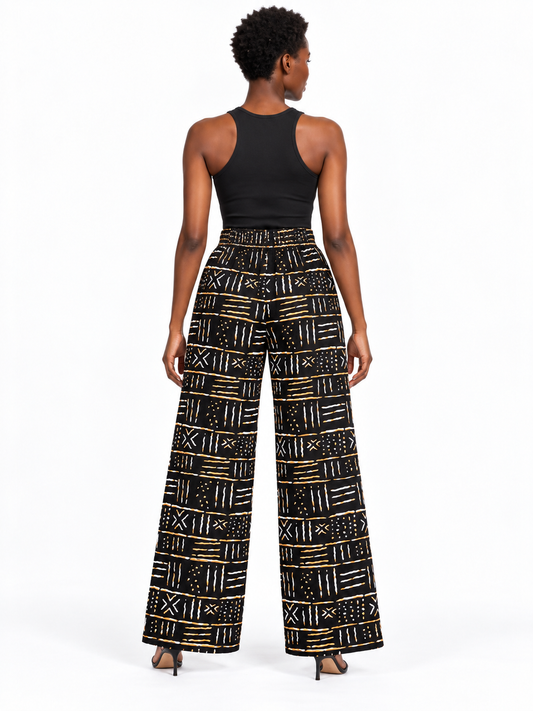 Black Ochre African Print Wide-Leg Trousers — back view