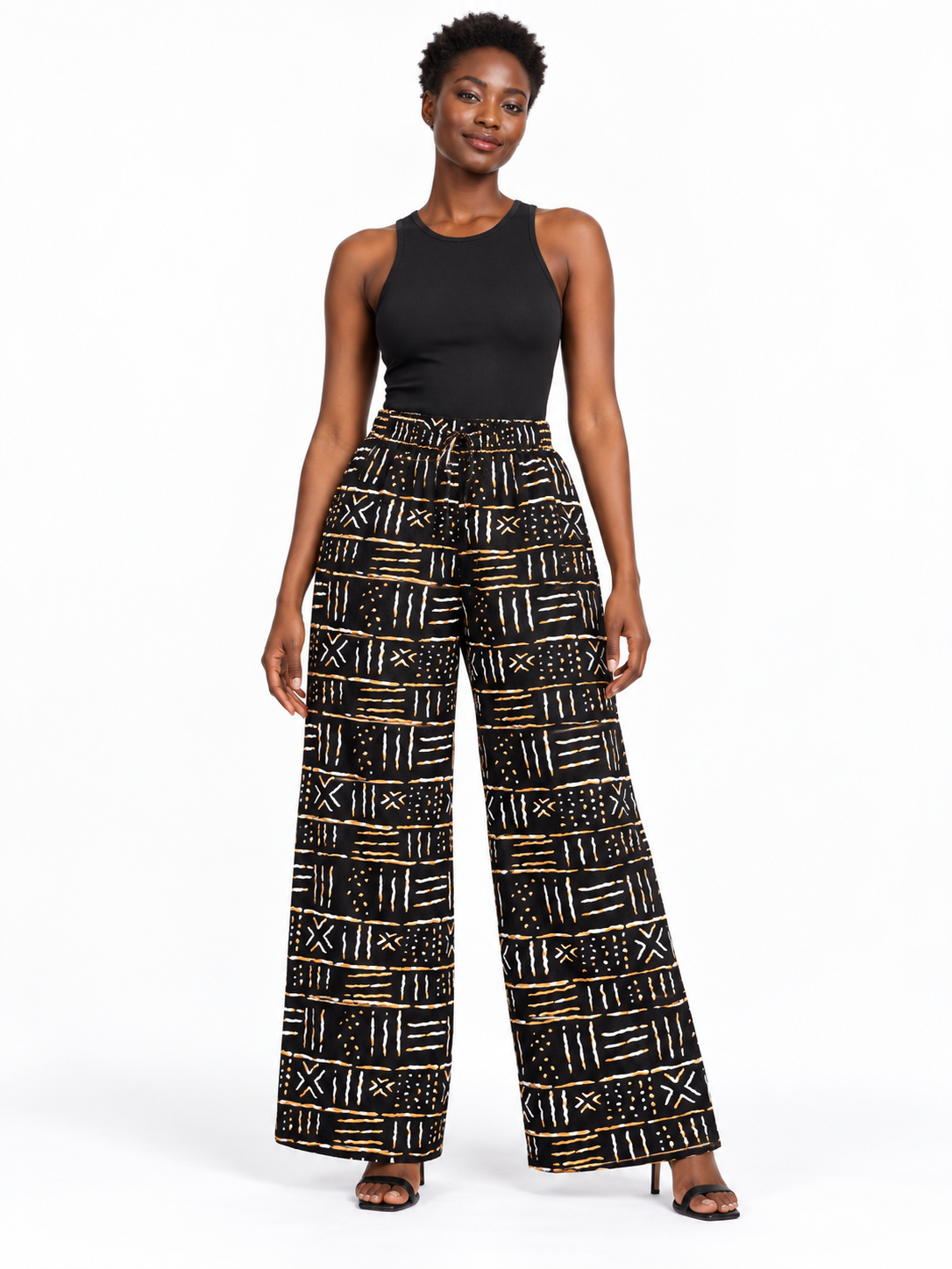 Black Ochre African Print Wide-Leg Trousers — front view