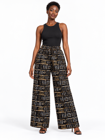 Black Ochre African Print Wide-Leg Trousers — front view