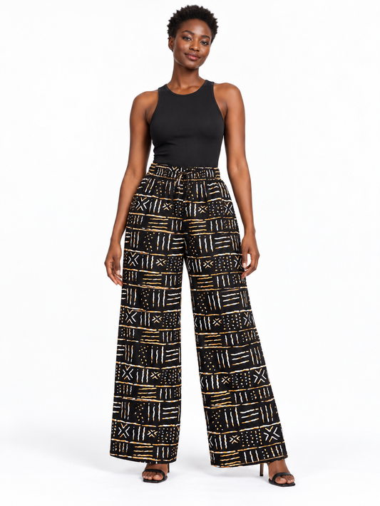 Black Ochre African Print Wide-Leg Trousers — front view