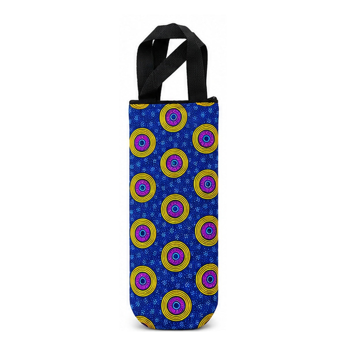 Blue Circle African print bottle carrier on white studio background