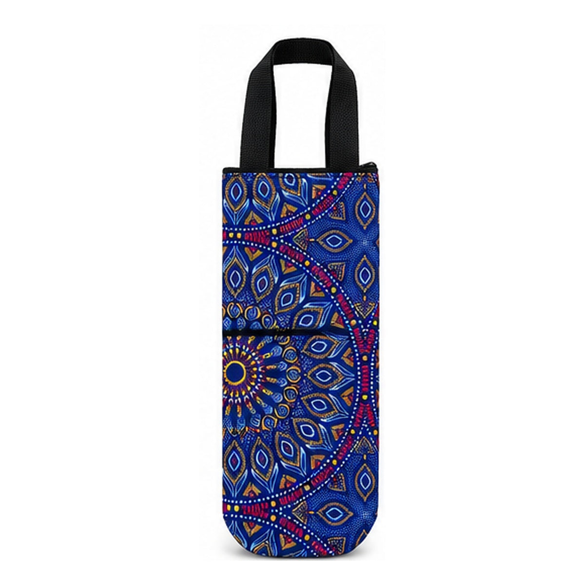 Blue Sunburst African print bottle carrier on white studio background