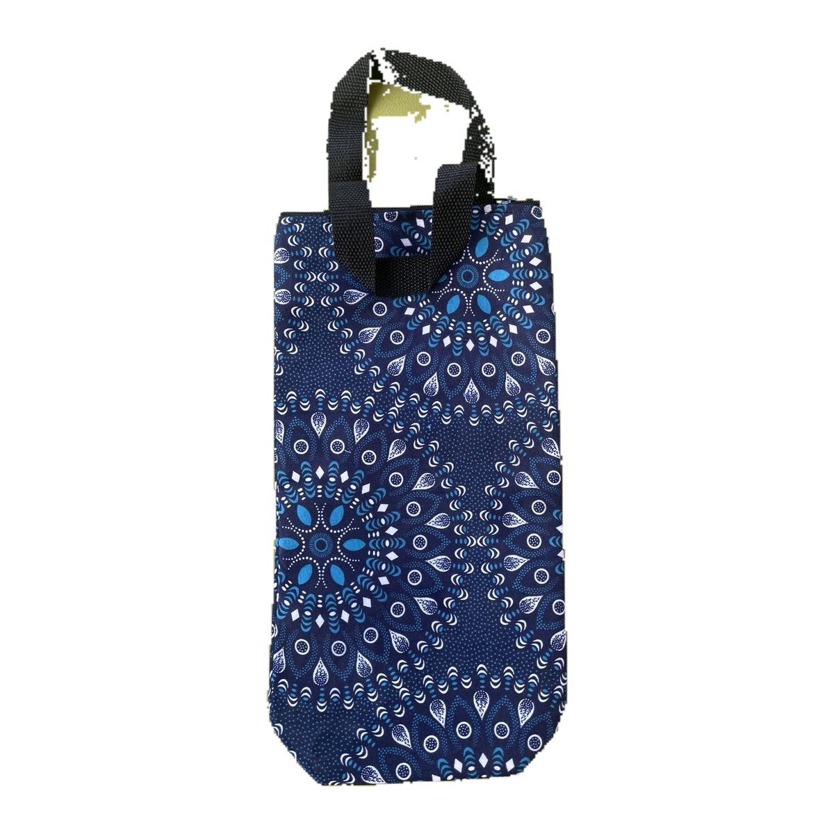Navy Floral African print bottle carrier on white studio background